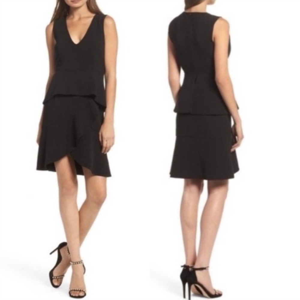Bardot | LBD V-Neck Cocktail Dress with Flattering Tulip Ruffle Peplum Waistline